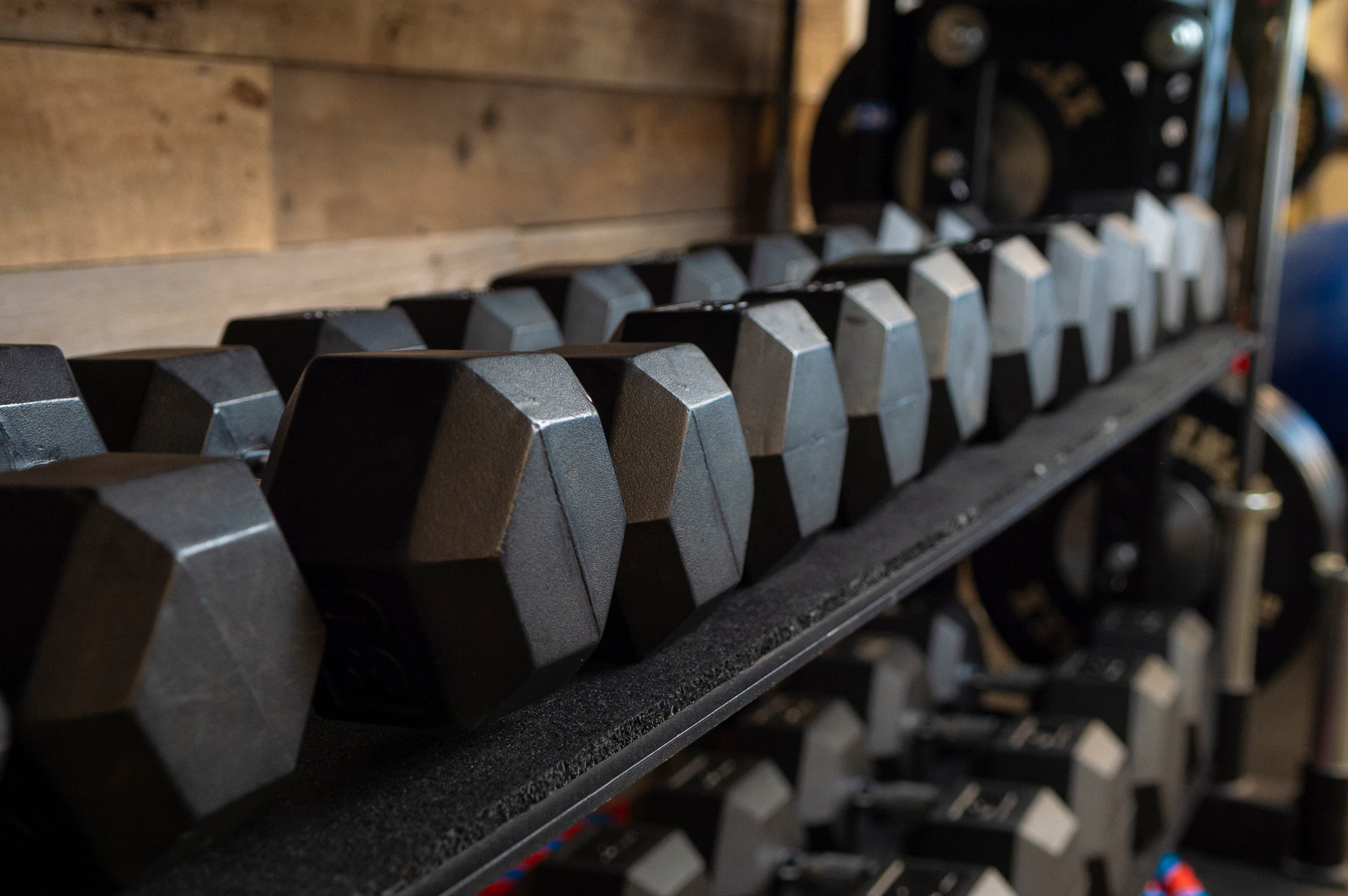 a row of weights in the gym of Wildfire Coaching