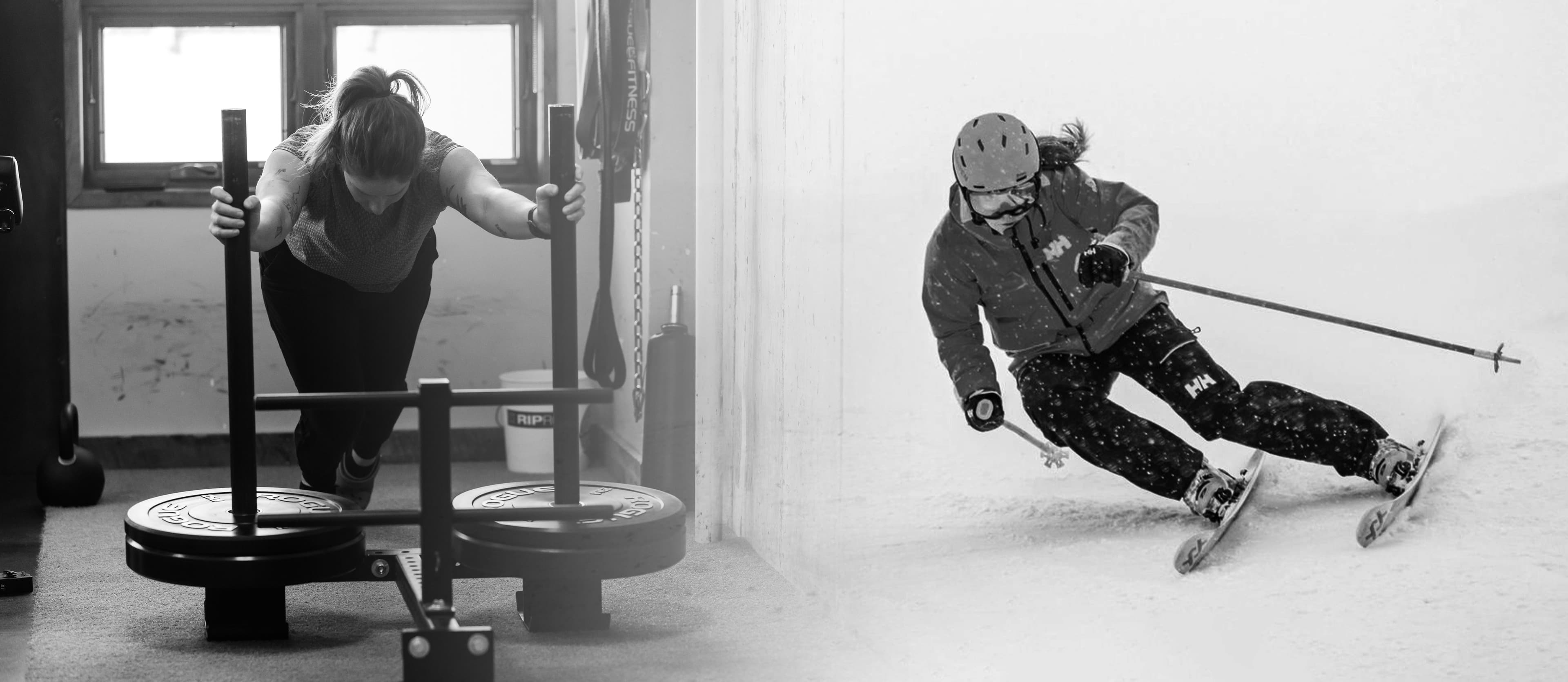 Composite image of a woman pushing weights and a skier